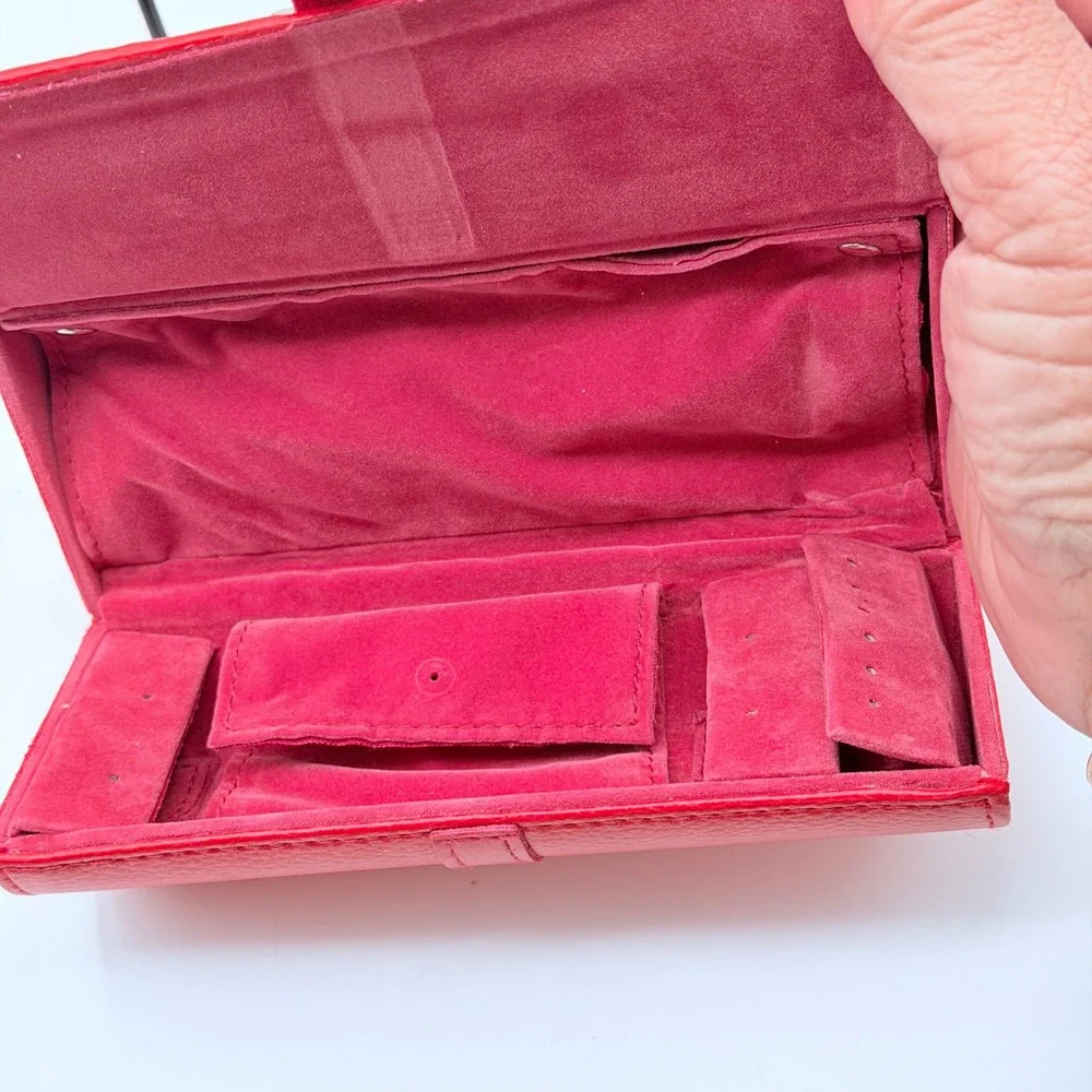 Red Faux Leather Jewely Roll Hard Shell Travel Organizer Case Velvet Interior